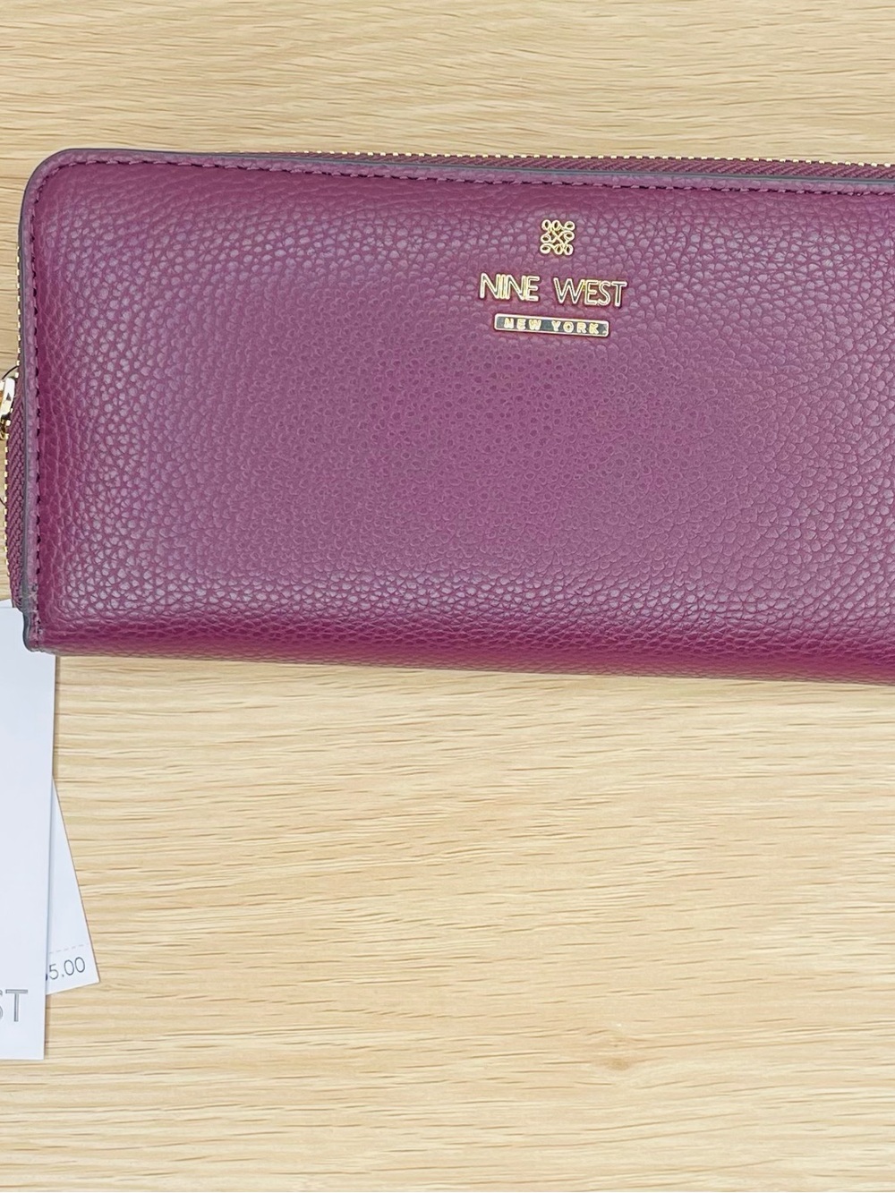NWT Nine West Deep Plum Pebbled Zip Wallet with Gold Logo